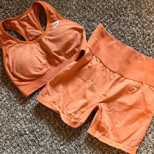Gymshark Burnt Orange Sports Bra and Shorts